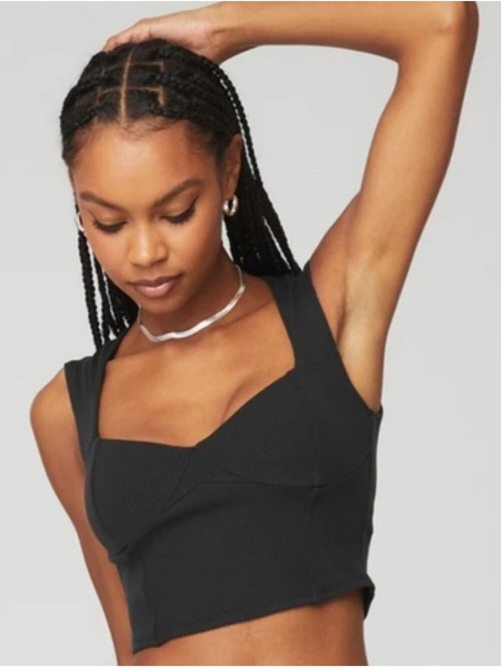 Alo Ribbed Sweetheart Short Sleeve Ribbed Crop Top Built in Bra black Women's S